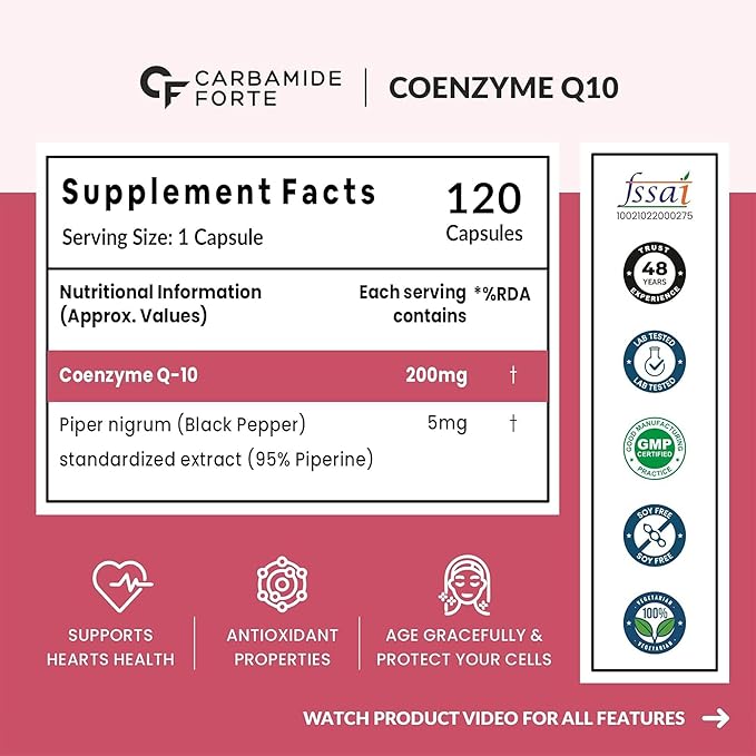 Coenzyme Q-10 200mg Piperine 5mg Supports Heart Health &amp; Cellular Energy Carbamide Forte-60 Capsules