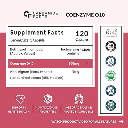 Coenzyme Q-10 200mg Piperine 5mg Supports Heart Health &amp; Cellular Energy Carbamide Forte-60 Capsules