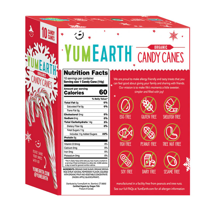 Candy | Candy Canes - USDA Organic - Vegan, Gluten Free, Non GMO &amp; No High Fructose Corn Syrup Or No Artificial Dyes - Yum Earth - 140gm
