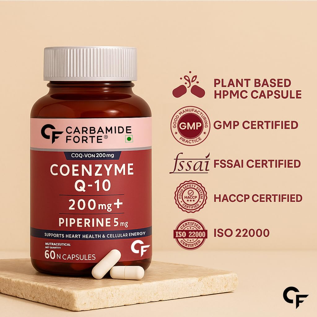 Coenzyme Q-10 200mg Piperine 5mg Supports Heart Health &amp; Cellular Energy Carbamide Forte-60 Capsules