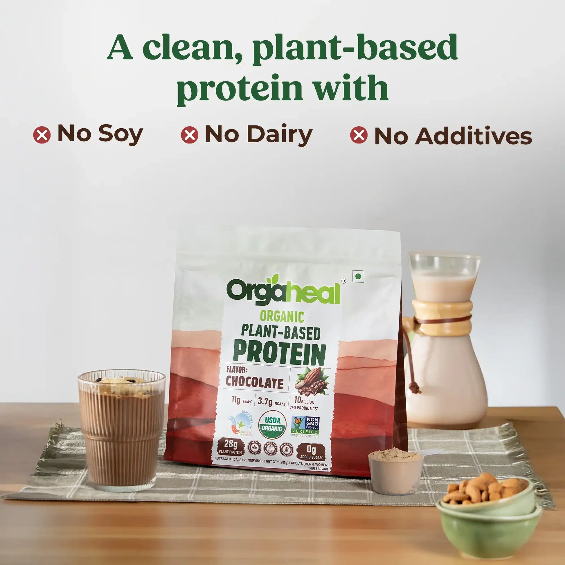 Protein Powder | Organic Plant-Based Protein Powder (Chocolate) - 28g Plant Protein -USDA Organic - Vegan, Gluten Free &amp; Dairy Free - Orgaheal - 980gm