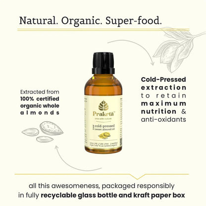 Oil | Raw Cold Pressed Sweet Almond Oil - 100% edible, natural, certified organic - No Added Preservatives -Prakrta- 50ml