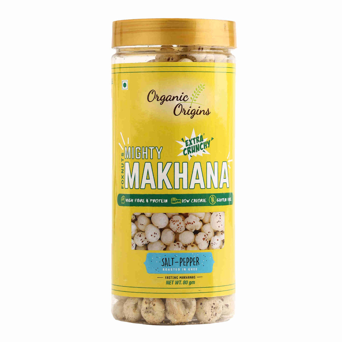 Makhana Salt Pepper - Gluten Free, High Protein, High Fibre & Low Calorie – Organic Origins - 80gm
