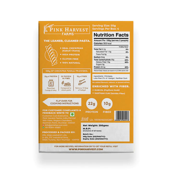 Pasta | 100% Chickpea Fusilli Pasta – 22g Protein Per 100g - Vegan, Gluten Free, Sugar Free, No Wheat &amp; No Rice – Pink Harvest Farms – 200gm