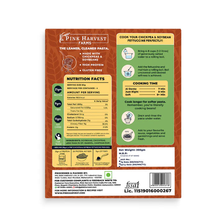 Pasta | Chickpea &amp; Soybean (Fettuccine) - Vegan, Gluten Free, Diabetic Friendly &amp; Non GMO - Pink Harvest - 200gm