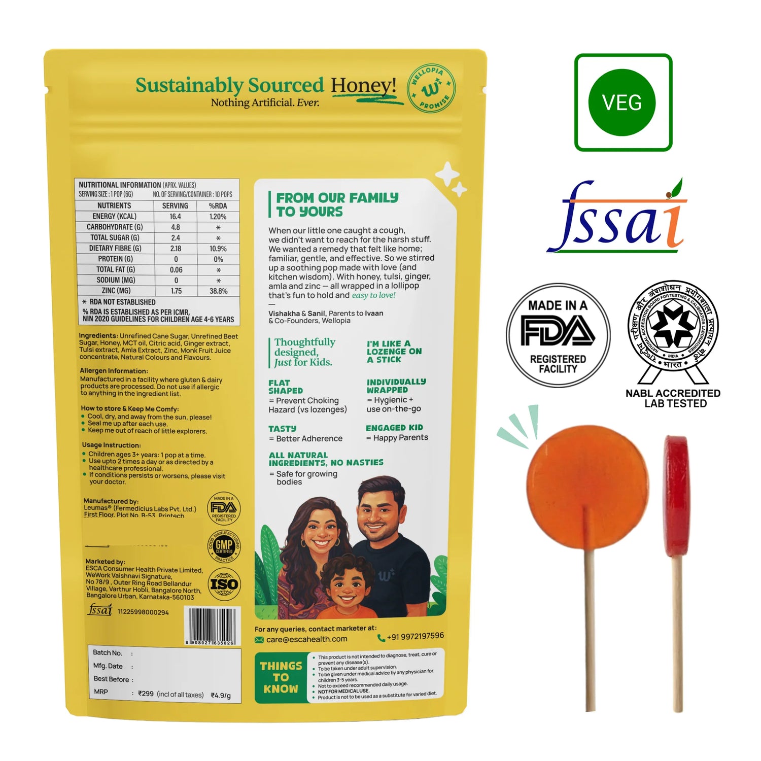 Candy |Throat Soothing Pops (Ages 3+) -No Artificial Preservatives - No Artificial Colors- No Refined Sugar - Wellopia - 10 Wrapped Pops -60 gm