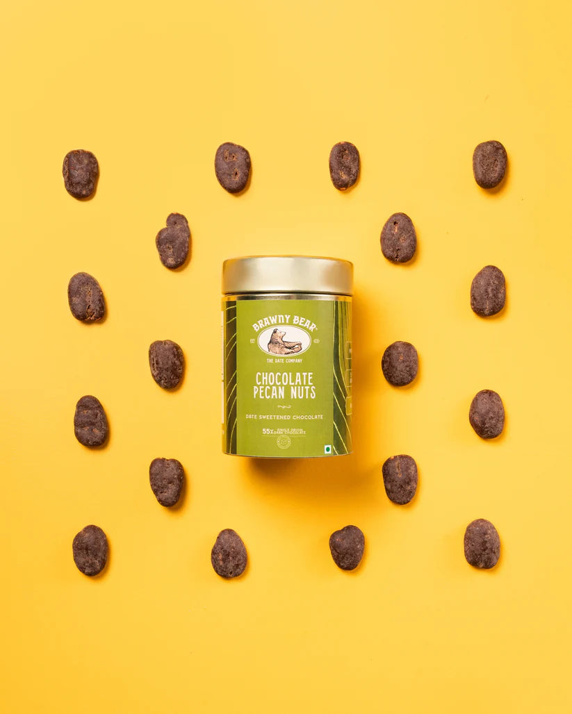 Nuts | Chocolate Pecan Nuts-55% Date-Sweetened Dark Chocolate –No Added Sugar , No refined Sugar, No Fillers – Brawny Bear – 25gm