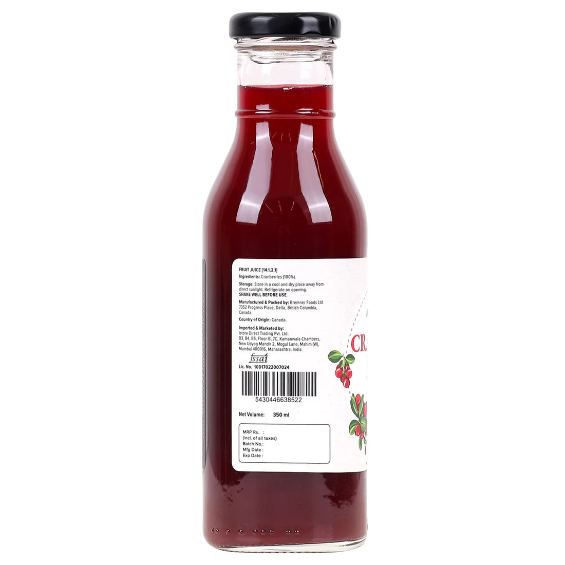 Cranberry Juice | 100% Canadian Cranberry Juice- Natural -Antioxidant-Rich , Supports UTI Health-Ideal for Cocktails &amp; Mocktails - No Added Preservatives, Color &amp; No Added Sugar - Urban Platter - 350ml