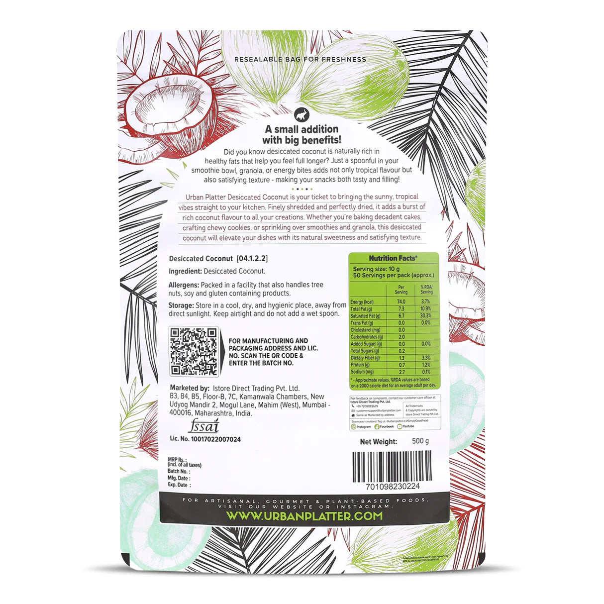 Desiccated Coconut (Fine, Unsweetened Coconut ) -Baking &amp; Beyond-Rich Fibre - Urban Platter - 500gm