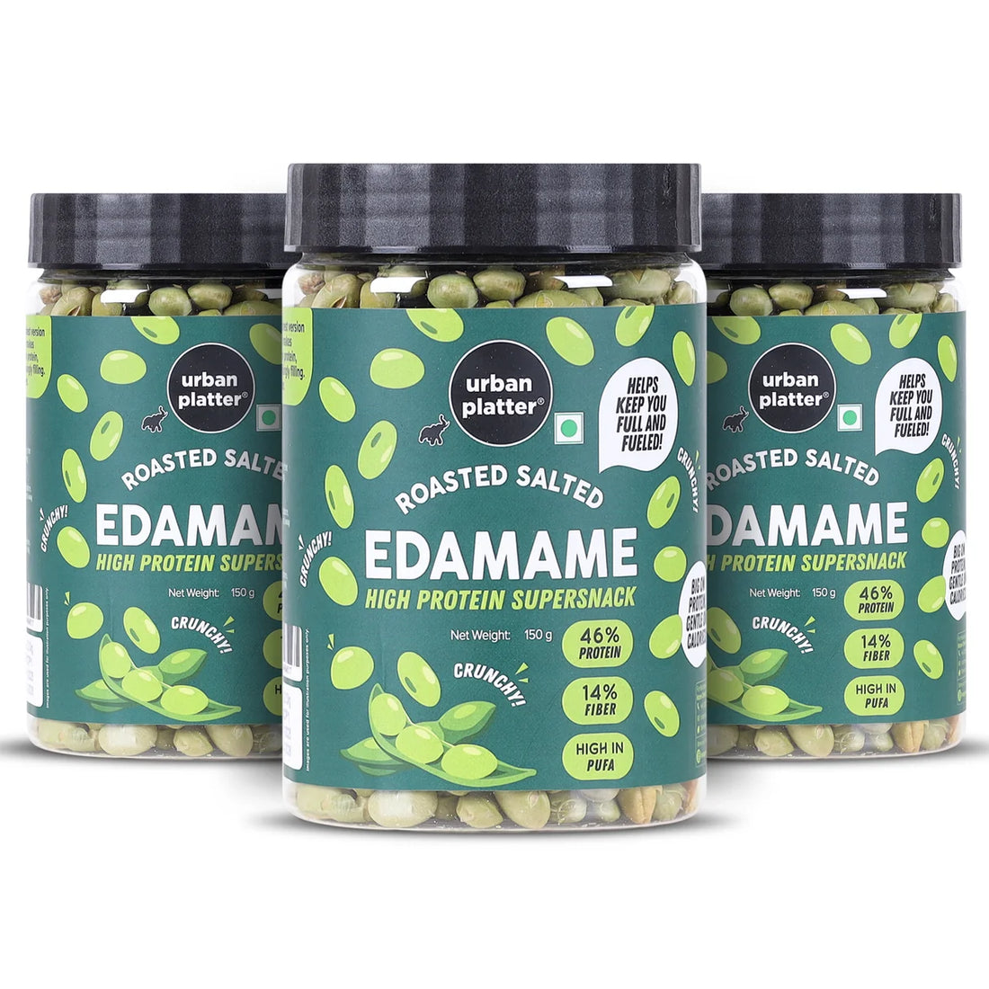 Edamame Roasted Salted (Crunchy)  - 46% Protein, 14% Fiber- Lightly Salted Young Green Soybeans- Not Fried -   High In Protein &amp; Diabetic Friendly - Urban Platter - 150gm