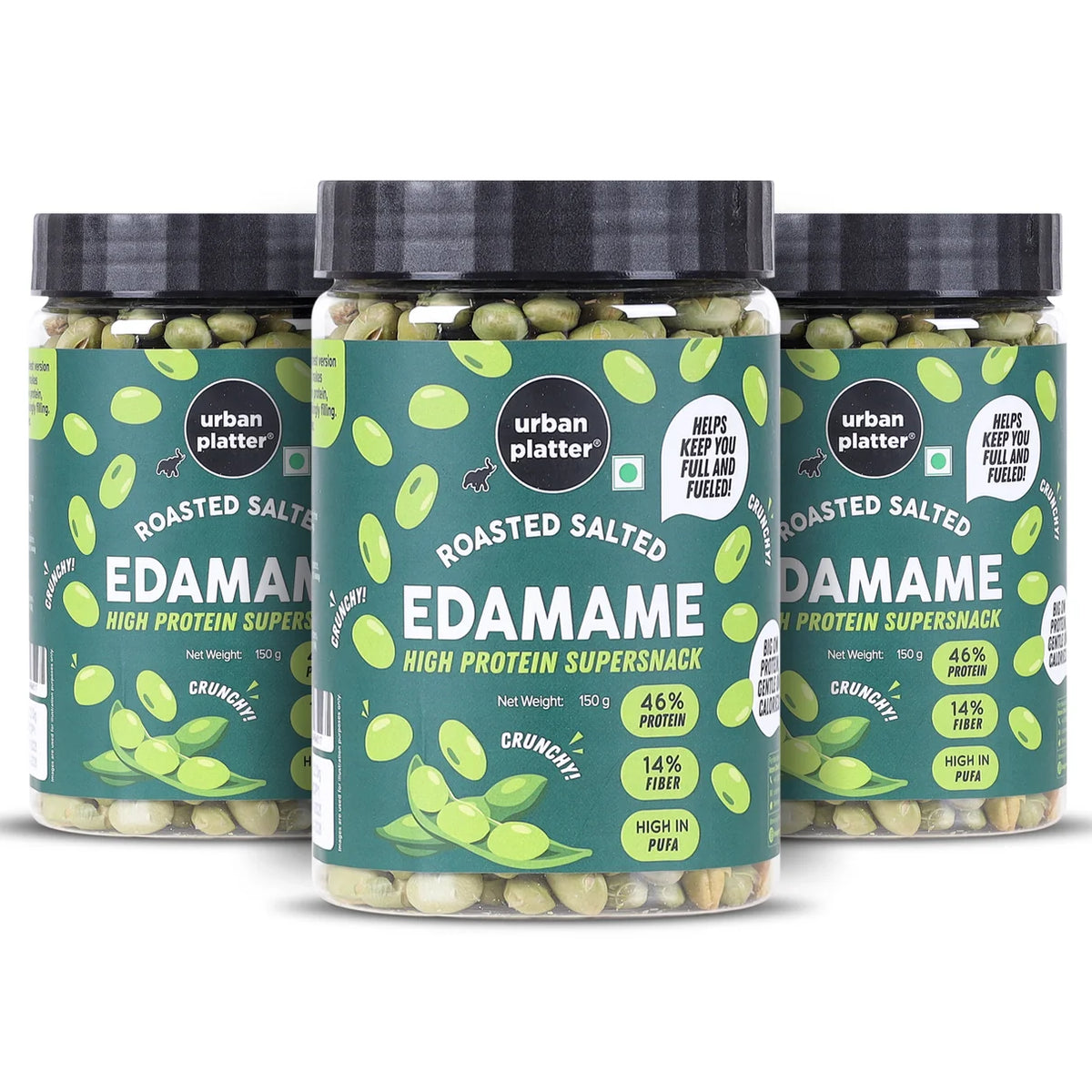 Edamame Roasted Salted (Crunchy)  - 46% Protein, 14% Fiber- Lightly Salted Young Green Soybeans- Not Fried -   High In Protein &amp; Diabetic Friendly - Urban Platter - 150gm