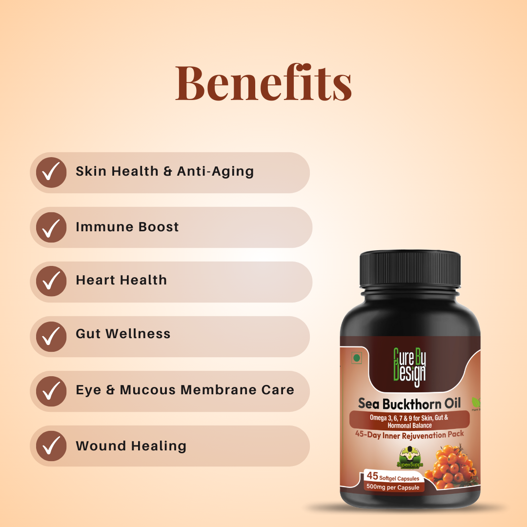 Sea Buckthorn Oil |  Nourish Skin, Boost Energy &amp; Protect Heart - Cure By Design - 500mg ( 45 Softgels)