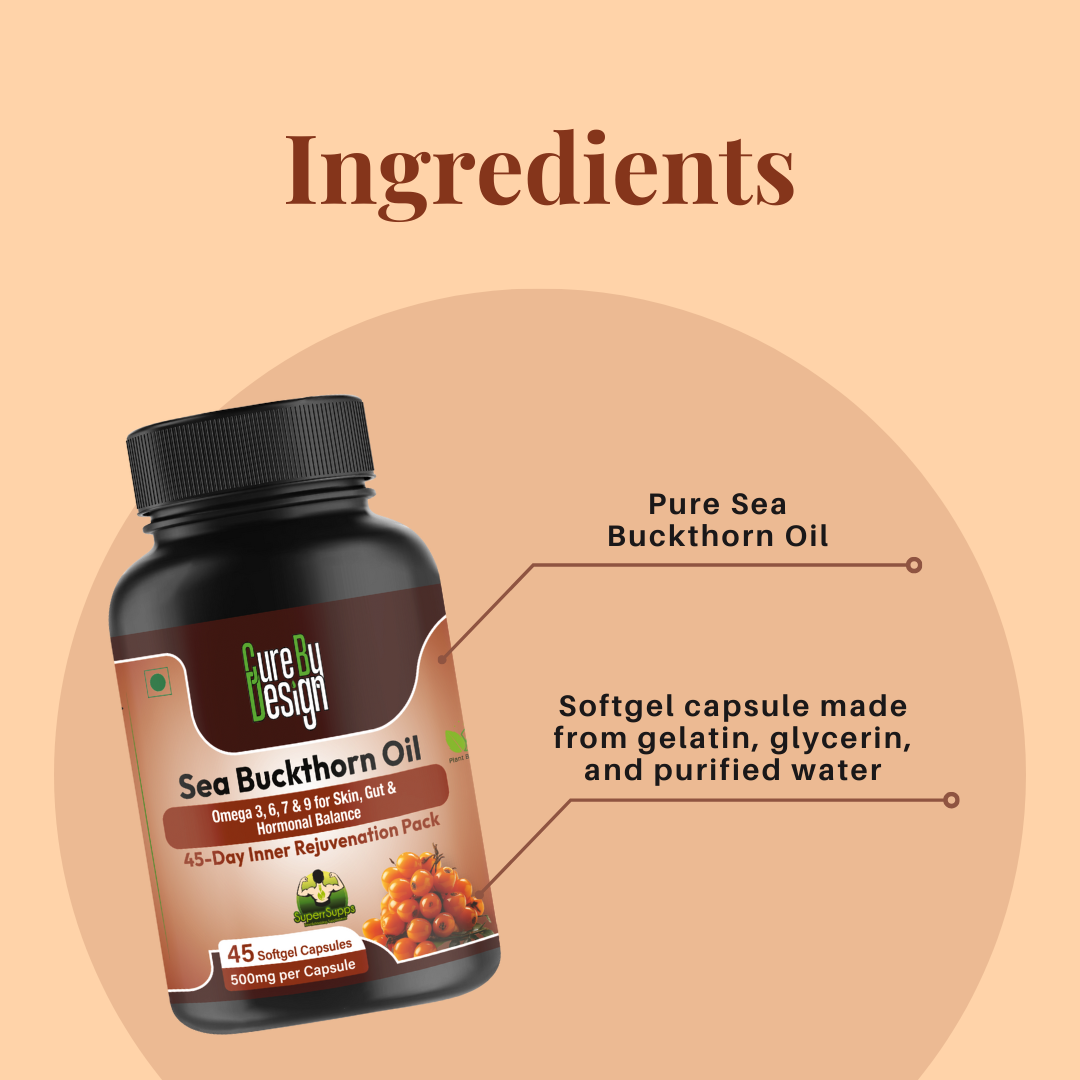 Sea Buckthorn Oil |  Nourish Skin, Boost Energy &amp; Protect Heart - Cure By Design - 500mg ( 45 Softgels)