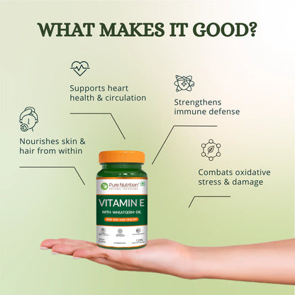 Vitamin E | Wheatgerm Oil (Skin &amp; Hair Health)-510mg- Supports Skin and Hair health- Antioxidant Support - Pure Nutrition - 120N Veg Capsules