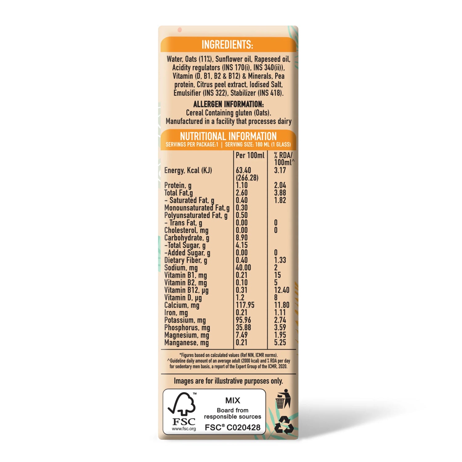 Oats Milk - Barista Edition - Vegan, Soy Free, Lactose Free, No Trans Fat, Cholesterol Free, No Added Sugar &amp; Preservatives - Only Earth - 180ml
