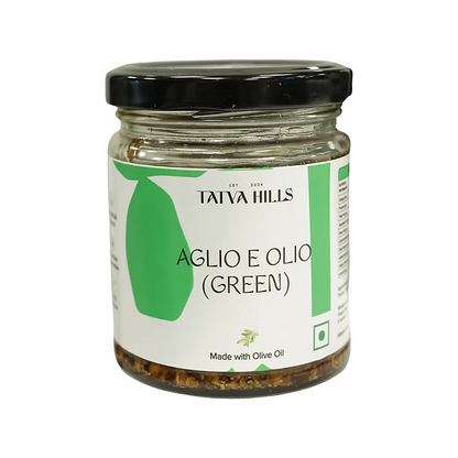 Green Aglio e Olio -Basil Garlic Olive Oil Sauce -For Pasta, Roasted Vegetables, Marinades– No Added Preservatives &amp; Additives Free – Tatva Hills – 165gm