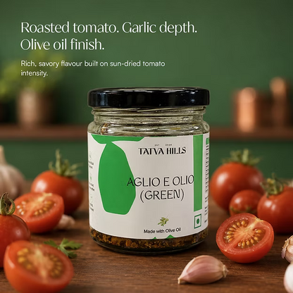 Green Aglio e Olio -Basil Garlic Olive Oil Sauce -For Pasta, Roasted Vegetables, Marinades– No Added Preservatives &amp; Additives Free – Tatva Hills – 165gm