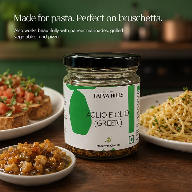 Green Aglio e Olio -Basil Garlic Olive Oil Sauce -For Pasta, Roasted Vegetables, Marinades– No Added Preservatives &amp; Additives Free – Tatva Hills – 165gm