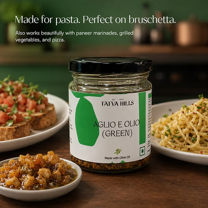 Green Aglio e Olio -Basil Garlic Olive Oil Sauce -For Pasta, Roasted Vegetables, Marinades– No Added Preservatives &amp; Additives Free – Tatva Hills – 165gm