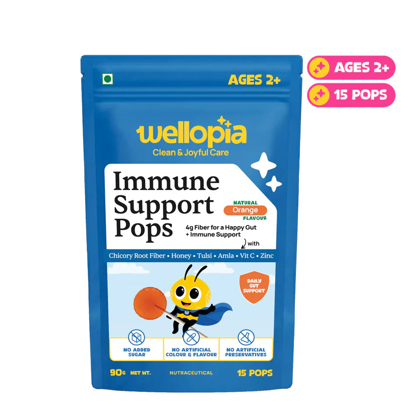 Pops | Immune Support Pops(Ages 2+)-Natural Orange Flavour - Daily Gut Support -No Artificial Preservatives - No Artificial Colors- No Refined Sugar - Wellopia - 1 5 Pops -90gm