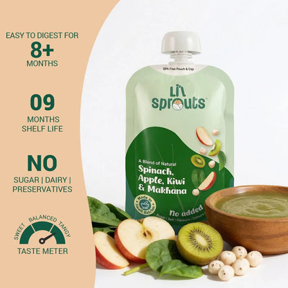 Puree | Spinach, Apple, Kiwi &amp; Makhana (8 Months +) - Blend of Natural - No Added Sugar, Salt, Flavours, Colours &amp; No Artificial Ingredients - Lil Sprouts - 100gm