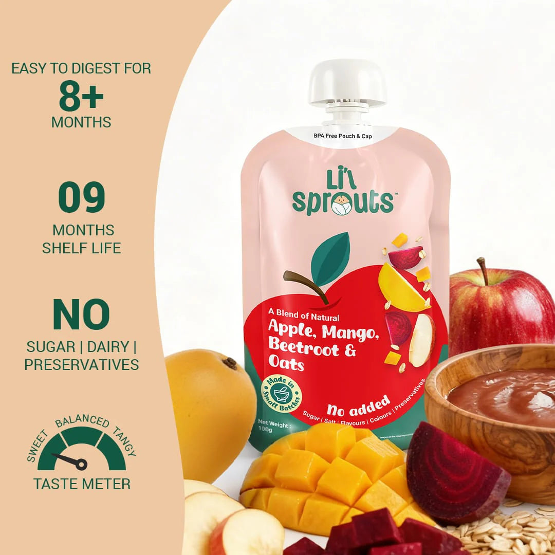 Puree | Apple, Mango, Beetroot &amp; Oats (8 Months +) - Blend of Natural - No Added Sugar, Salt, Flavours, Colours &amp; No Artificial Ingredients - Lil Sprouts - 100gm
