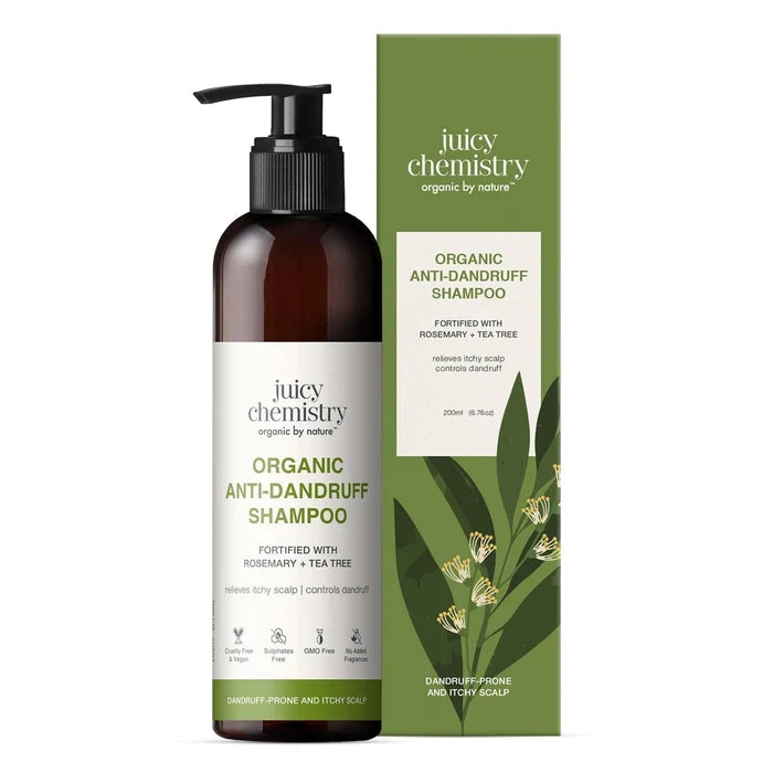 Shampoo | Anti- Dandruff (Rosemary &amp;amp; Tea Tree) - Handproduct - Relieves Itchy Scalp &amp;amp; Reduces Dandruff - Natural - Indian - Vegan, Cruelty Free, Gmo Free, No Synthetic Fragrances &amp;amp; Zero Dyes - Juicy Chemistry - 200ml