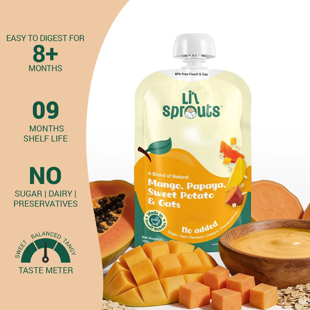 Puree | Mango, Papaya, Sweet Potato &amp; Oats - Blend of Natural - No Added Sugar, Salt, Flavours, Colours &amp; No Artificial Ingredients - Lil Sprouts - 100gm
