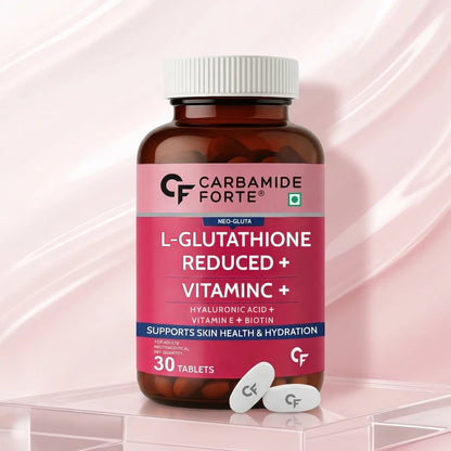 Japanese Reduced L Glutathione-Hyaluronic Acid + Vitamin C &amp; E With Biotin for Hydration &amp; Even Tone-   Carbamide Forte-30 Tablets