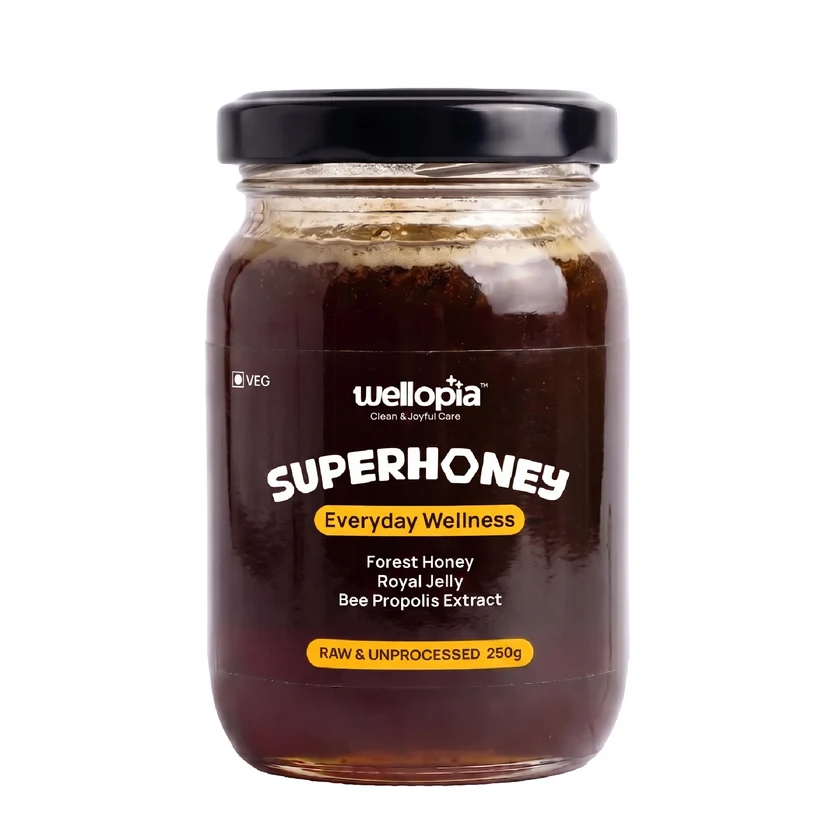 Honey | Super Honey - Raw Forest Honey with Royal Jelly & Bee Propolis- No added sugar, No Added Preservatives -Wellopia- 250gm