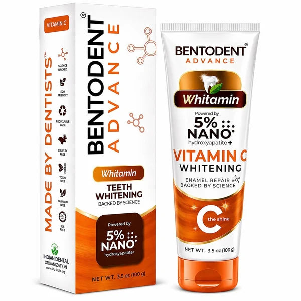 Toothpaste Advance | Whitamin Vit C (Whitening)-Vegan, &amp; Cruelty Free - Vitamin C, 5% Nano Hydroxyapatite, Enamel Repair-  Glycerin Free, Fluoride Free &amp; No Added Artificial Colors - Bentodent - 100gm