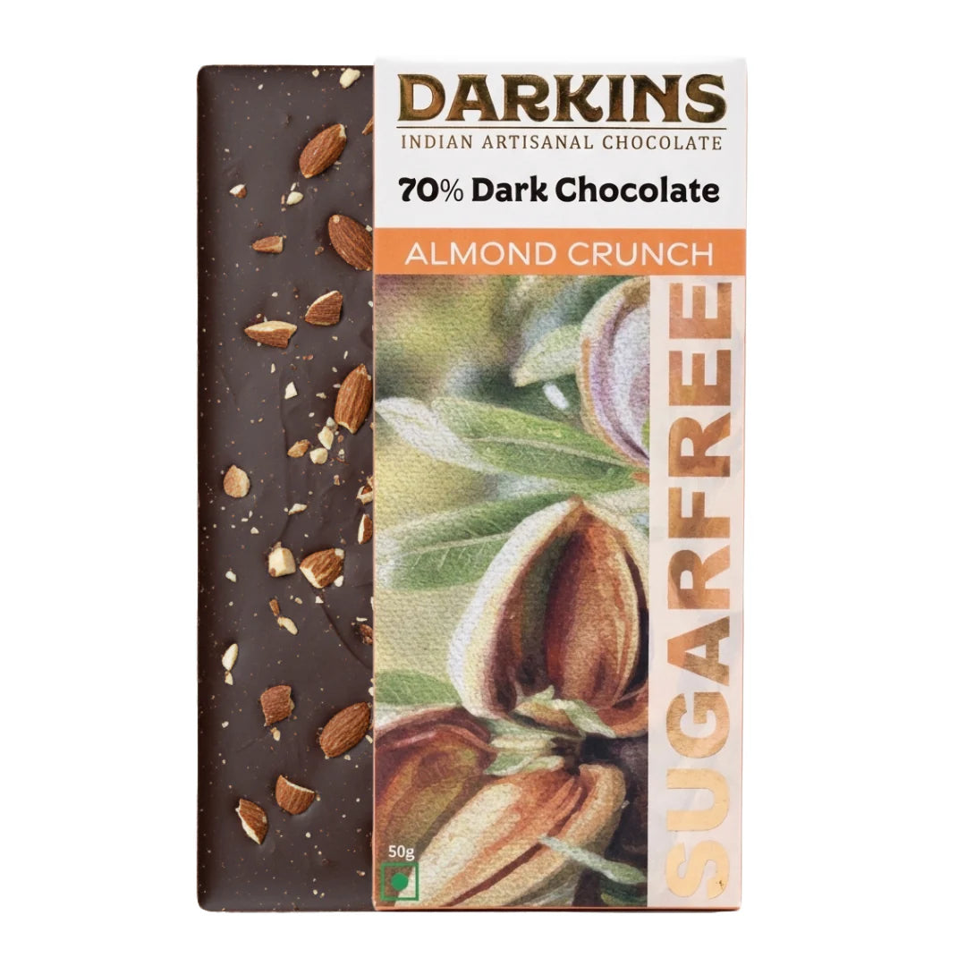 Dark Chocolate | 70% Dark Chocolate Almond Crunch (Sugarfree) – Vegan &amp; Gluten Free - Darkins – 50gm
