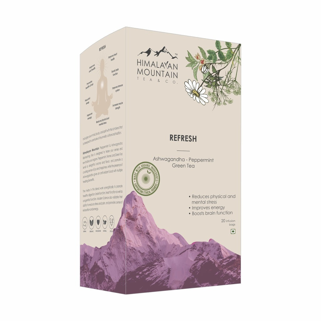 Tea | Refresh Tea (Green Tea) - Made With Ethical &amp; Natural Herbs - Ashwagandha - Peppermint - Himalayan Mountain – 1.60g x 20 Infusion Bag