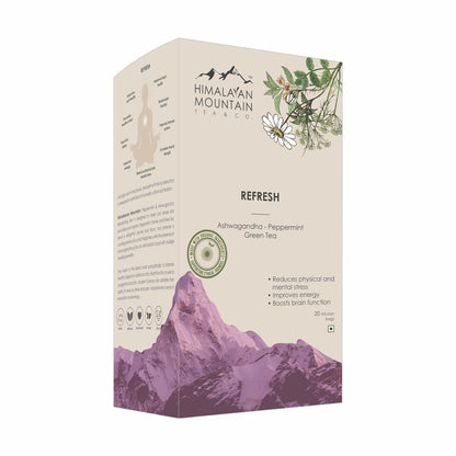 Tea | Refresh Tea (Green Tea) - Made With Ethical &amp; Natural Herbs - Ashwagandha - Peppermint - Himalayan Mountain – 1.60g x 20 Infusion Bag