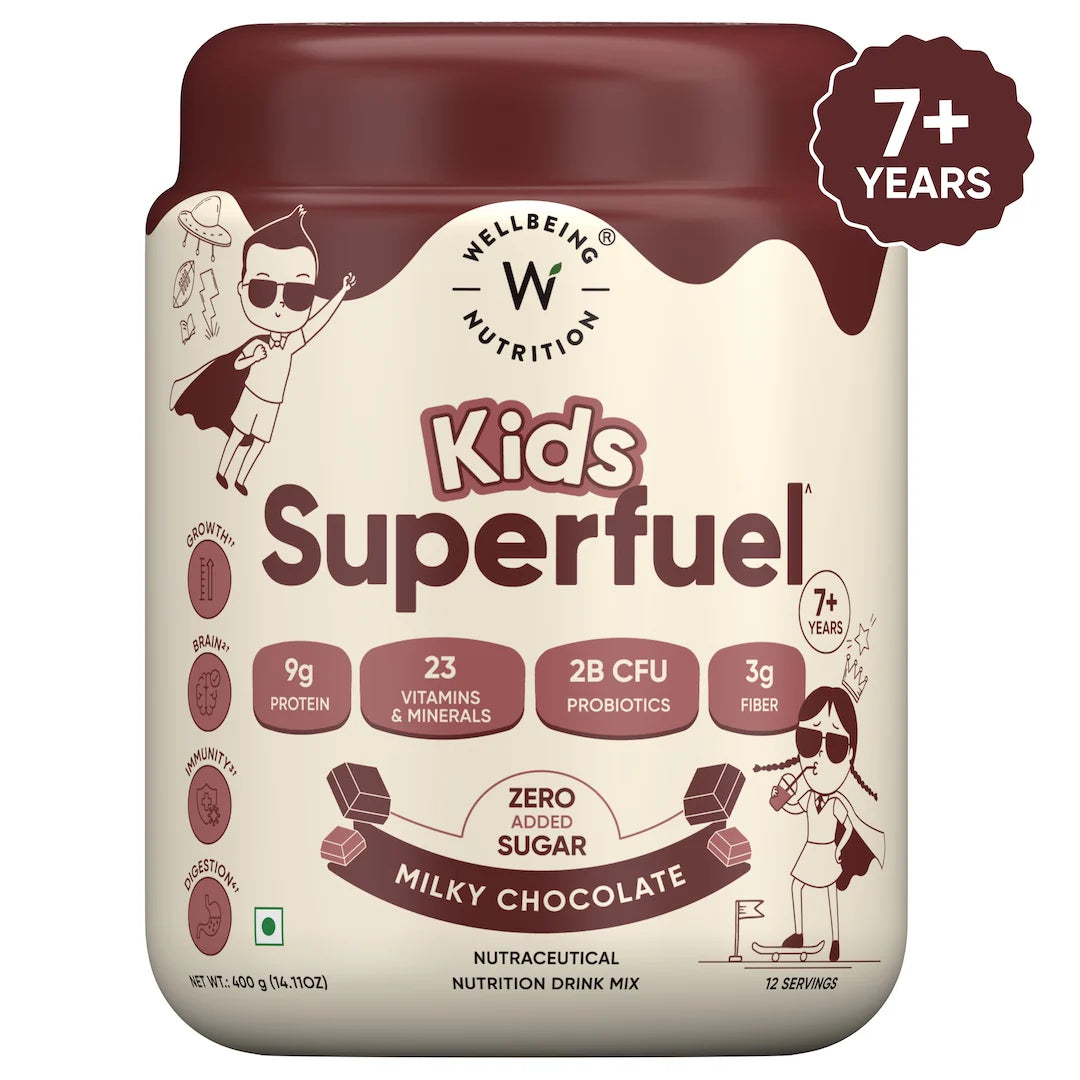 Protein Powder | Kids Superfuel (Milk Chocolate) - Nutrition Mix – Organic - Gluten Free & Sugar Free – No Preservatives - No Plam Oil - Wellbeing Nutrition – 400gm