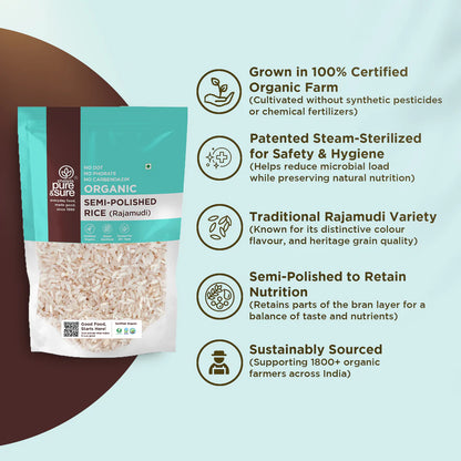 Rice | Semi Polished Rice (Rajamudi) – Certified Organic, Steam Sterilized - Indian - Pure And Sure – 1000gm