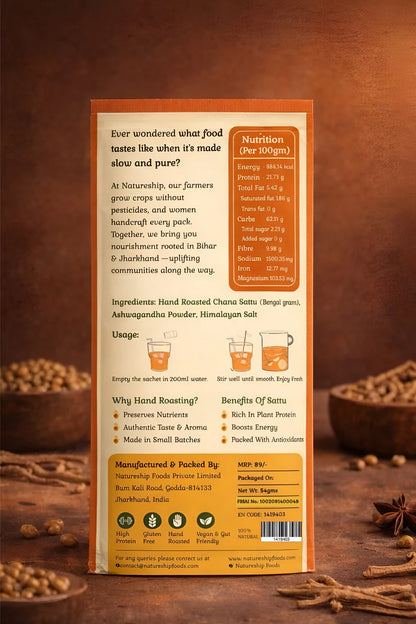 Ashwagandha Sattu Drink Mix -Gluten Free, Vegan &amp; Gut Friendly-100% Natural- Hand Roasted &amp; Stone Ground Chana Sattu – Gluten Free, High In Protein And Fiber Or Preservatives  Free - Natureship - 54gm