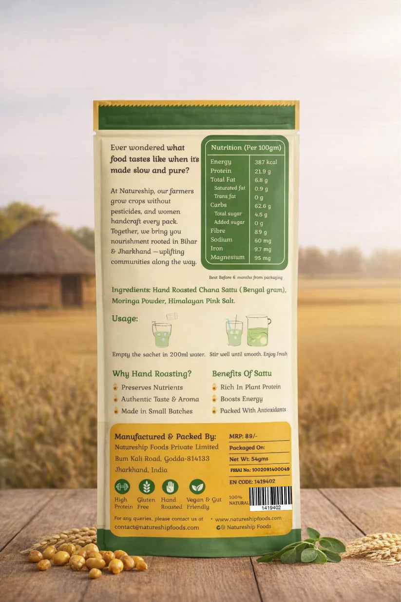 Moringa Sattu Drink Mix -Gluten Free, Vegan &amp; Gut Friendly-100% Natural- Hand Roasted &amp; Stone Ground Chana Sattu – Gluten Free, High In Protein And Fiber Or Preservatives  Free - Natureship - 54gm