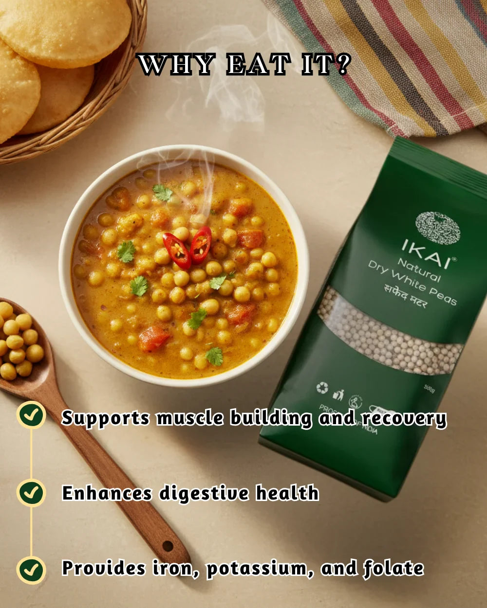 Peas | Dry White Peas -  Natural Protein Foods - Gluten Free Indian Foods-Support Heart Health -No Preservatives- Ikai Organic – 500gm