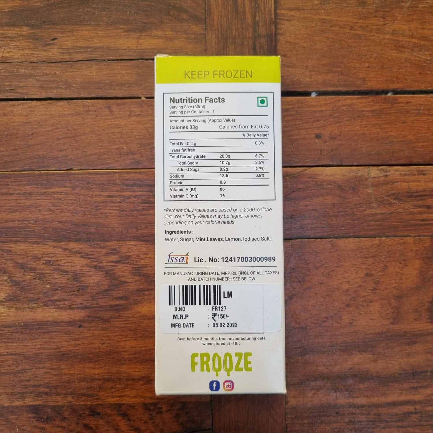 Lime Mint Ice Cream | 83 Calories - Excellent Source Of Vitamin A - All Natural – Vegan, No Added Preservatives, Artificial Flavors &amp;amp; No Added Emulsifiers - Frooze - 50gm