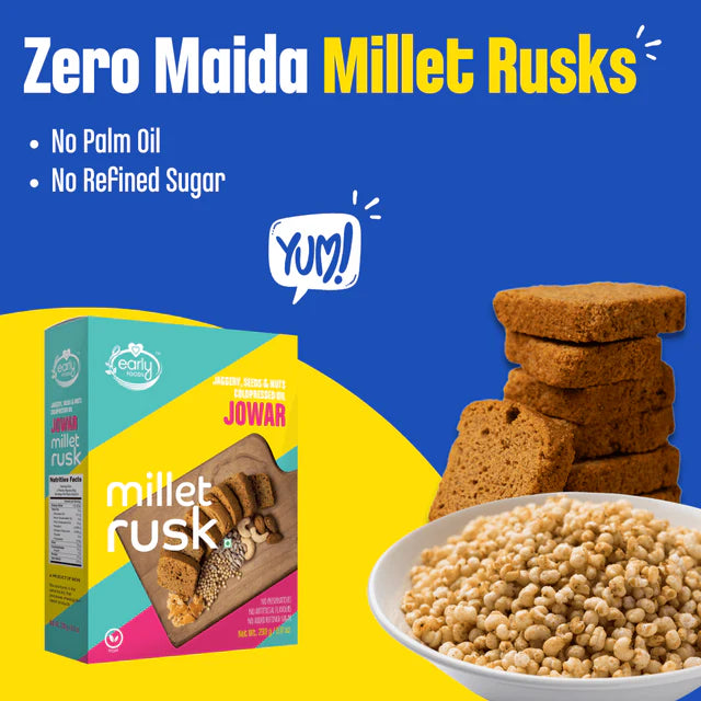 Millet Rusk | Jowar (Jaggery, Seeds &amp;amp; Nuts) - All Natural - Cold Pressed Oil - Vegan, No Preservatives, No Added Refined Sugar &amp; No Salt - Early Food - 163gm