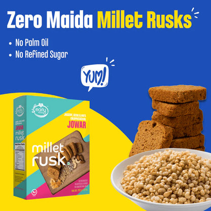 Millet Rusk | Jowar (Jaggery, Seeds &amp;amp; Nuts) - All Natural - Cold Pressed Oil - Vegan, No Preservatives, No Added Refined Sugar &amp; No Salt - Early Food - 163gm