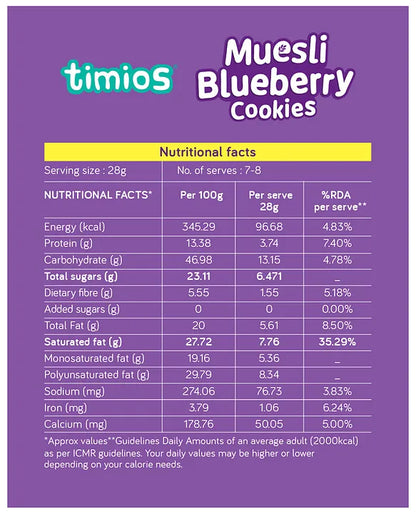 Cookies | Muesli Blueberry Cookies- Sweetened With Jaggery–  No Refined Sugar, No Added Preservative - Timios - 200gm
