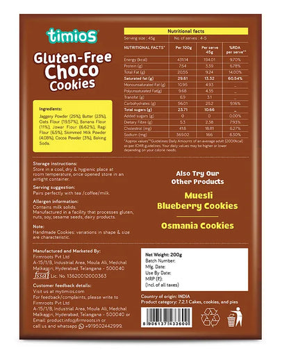 Cookies | Gluten Free Choco Cookies- Made With Butter &amp; Millets – No Maida, No Palm Oil, Refined Sugar - Timios - 200gm
