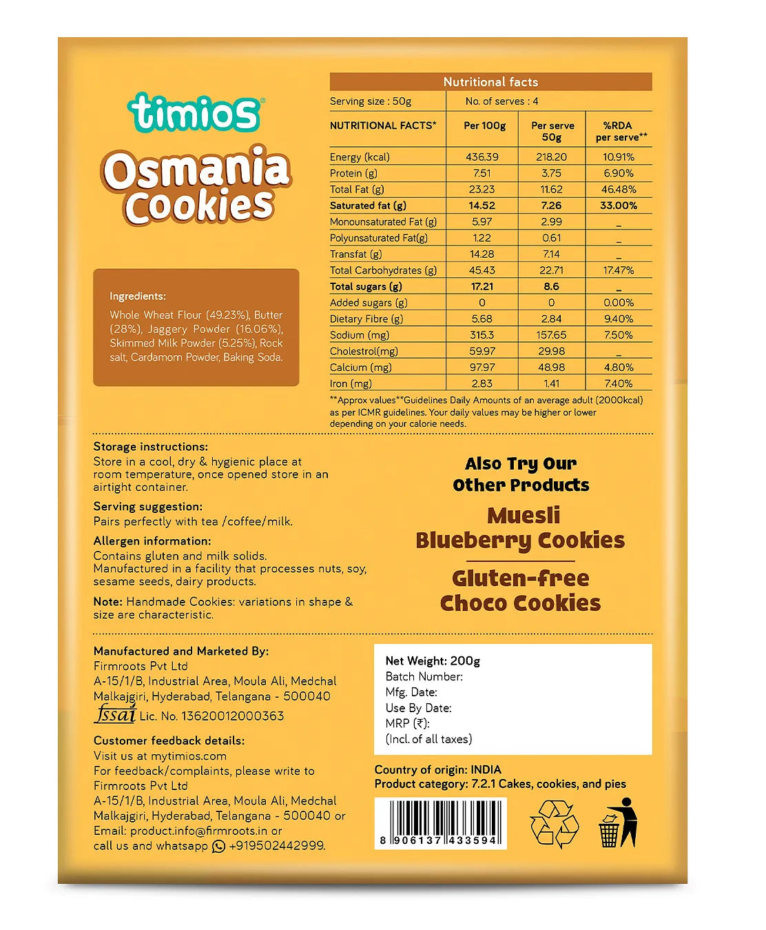 Cookies | Osmania Cookies -Made With Whole Wheat Flour and Butter –  No Refined Sugar, No Added Preservative - Timios - 200gm