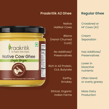 Ghee | Native Hallikar  Cow Ghee (Single Origin) - Hallikar Cow (Karnataka) - Organic Grass Fed, Lactose Free, Cruelty Free - Praakritik - 500ml