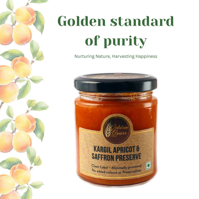 Saffron Preserve | Kargil Apricot &amp; Saffron Preserve  - 100% Natural-No Refined Sugar – Vegan, No Added Colour &amp; No Added Preservatives – Golden Grass – 200gm