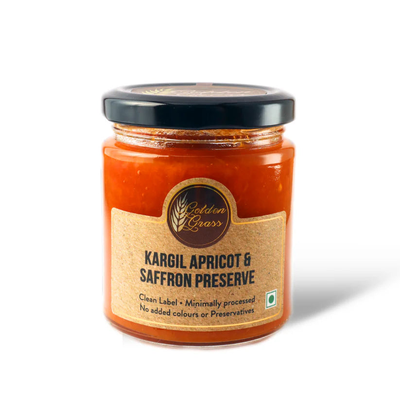 Saffron Preserve | Kargil Apricot &amp; Saffron Preserve  - 100% Natural-No Refined Sugar – Vegan, No Added Colour &amp; No Added Preservatives – Golden Grass – 200gm