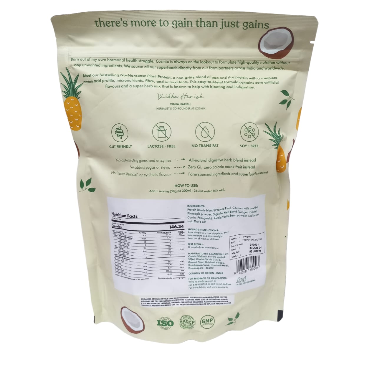 Protein Powder | Plant Protein – No Nonsense – (Pina Colada) - 24g Protein Per Serving - Gut Friendly, Lactose Free, No Trans Fat, Soy Free, No Added Sugar, Stevia, Gums, Enzymes &amp;amp; No Added Artificial Flavors – Cosmix – 500gm