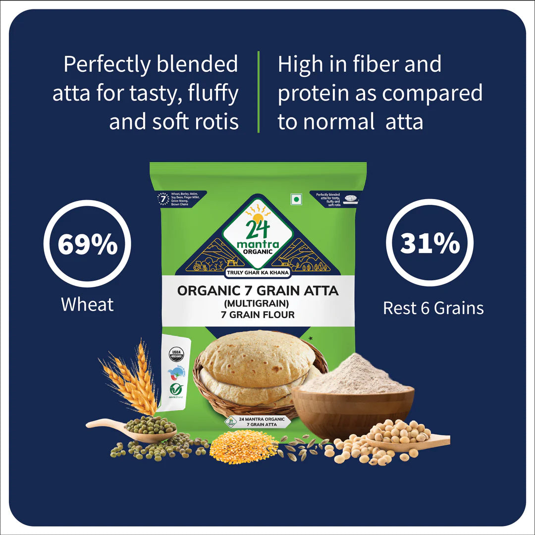Flour | Organic 7 Grain Atta (Multigrain)-Seven Grain Flour-USDA Organic- No Synthetic Pesticides or Fertilizers - 24 Mantra Organic - 1000gm